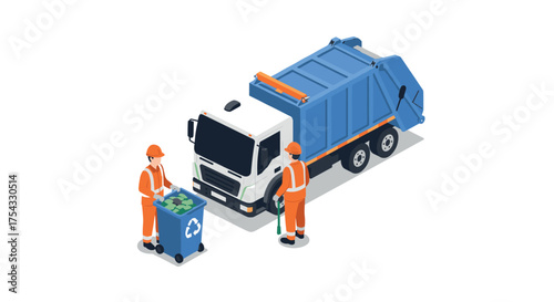 Isometric garbage truck and workers in safety gear recycling scene