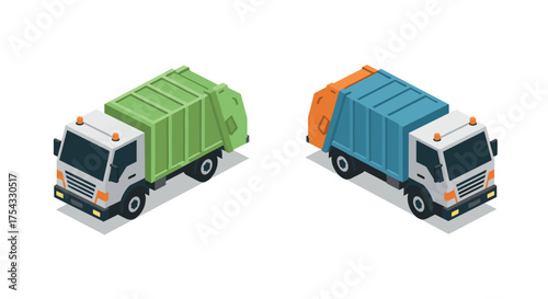 Isometric garbage trucks with green and blue dumpsters on white background