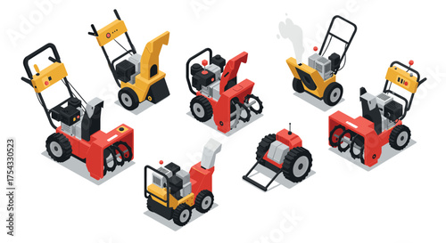 Isometric snow removal machines set featuring various colorful snow blowers and snow throwers in 3d design