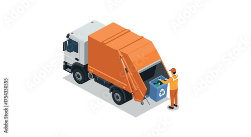Garbage truck collecting recycling bin with worker in isometric style