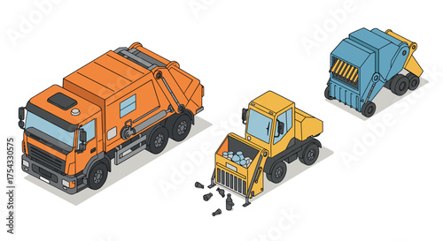 Isometric garbage truck and loader vehicles for waste management design