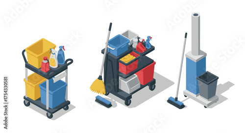 Isometric cleaning supplies carts with brooms and buckets