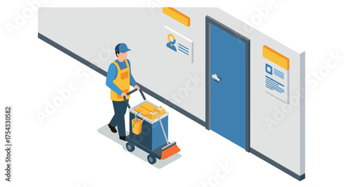Isometric office janitor with cleaning cart in hallway scene