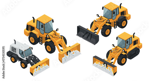 Isometric construction vehicles: heavy machinery with snow plows