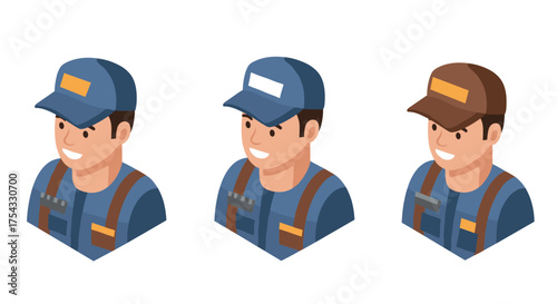 Isometric delivery workers in uniforms with caps in blue and brown variations