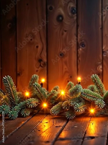 Wallpaper Mural Pine branches with warm glowing lights on a wooden surface. The background features rustic wooden planks, creating a cozy atmosphere. Torontodigital.ca