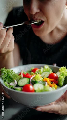 cropped woman eating vegetable salad with fork