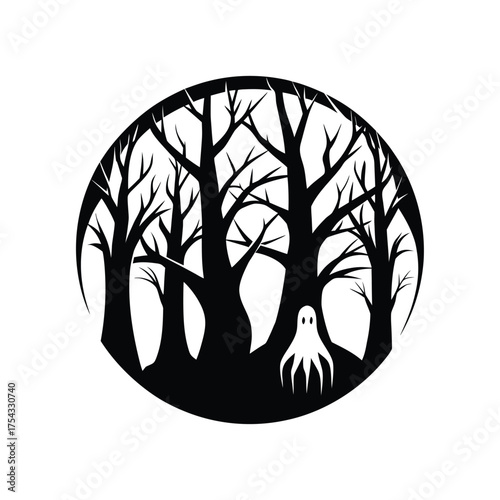 Ghost in forest hand drawn ghost, tree, forest, wood, nature, halloween, and spooky elements in doodle style