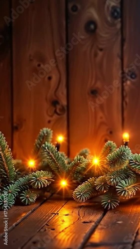 Wallpaper Mural A close-up of evergreen branches with warm glowing lights on a wooden surface. The background features rustic wooden planks, creating a cozy atmosphere. Torontodigital.ca