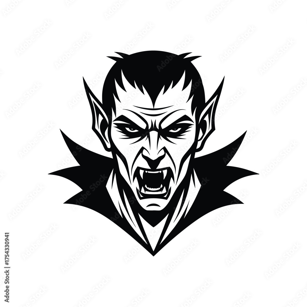 Fototapeta premium Vampire head vector illustration evil vampire with fangs silhouette dracula, monster, halloween character, horror