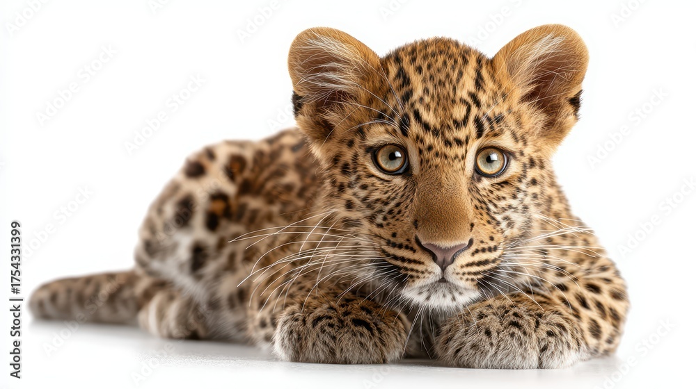 Fototapeta premium Adorable spotted leopard cub with bright amber eyes lying on white background looking directly at camera showing beautiful rosette pattern fur and whiskers