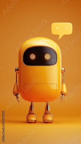 Cute yellow robot character with glowing eyes and speech bubble on orange background, symbolizing friendly artificial intelligence and automated customer service technology