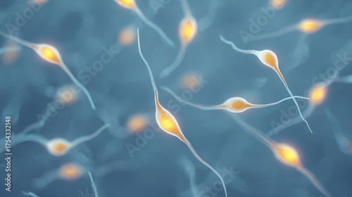 An intricate depiction of microscopic sperm cells. Delicate filaments stretch across the image, each cell gleaming with an inner luminescence.