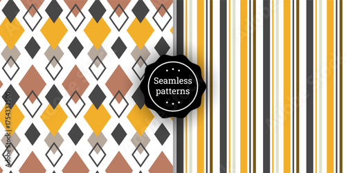 Set of seamless geometric patterns with diamonds and stripes in warm earthy tones. Repeating abstract backgrounds for fabrics, wallpaper, wrapping paper, textile prints, and digital design.