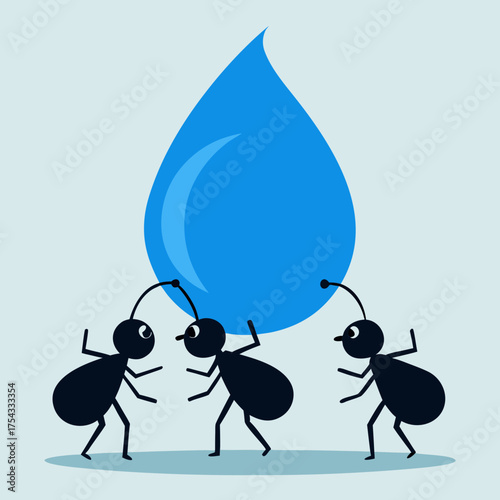 Three ants carrying a giant water droplet