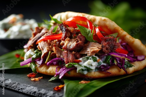 Close-up view photography of a tasty doner kebab on a palm leaf plate in front of black slate background