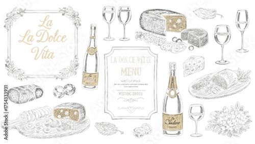 Elegant Menu Design La Dolce Vita - Featuring Champagne, Cheese, and Fine Dining Details
