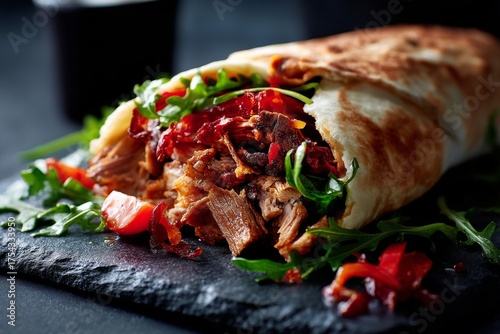 Natural light close-up photography of a juicy doner kebab on a ceramic tile over black slate background