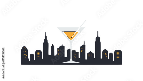 Rooftop bar icon with skyline and cocktail glass illustration  