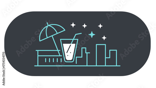 Rooftop bar icon with drink and umbrella in city skyline design  