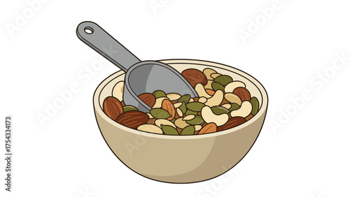 Nuts and seeds mix in a bowl with a scoop  