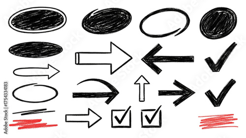 Hand-drawn collection of doodle sketch elements with arrows, ovals, checkmarks, and underlines