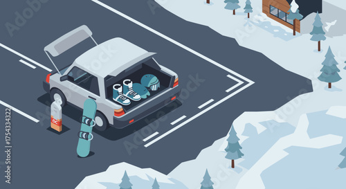 Snowboard with boots in car trunk at snowy parking lot  