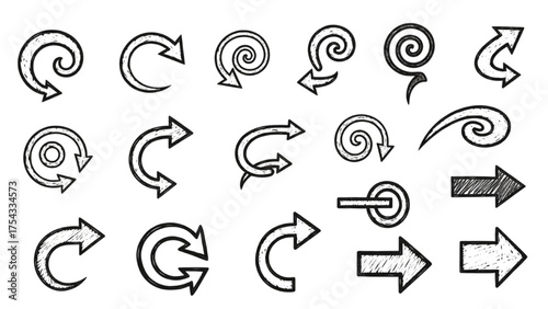 Collection of hand-drawn directional arrows and swirl icons in a sketch style