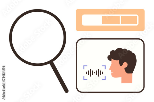 Magnifying glass, loading bar, and face with voice recognition waveform. Ideal for search, user authentication, machine learning, technology, data analysis AI apps. Simple flat metaphor