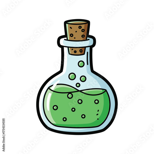 Cartoon Potion Bottle with Green Liquid and Bubbles, Corked Flask