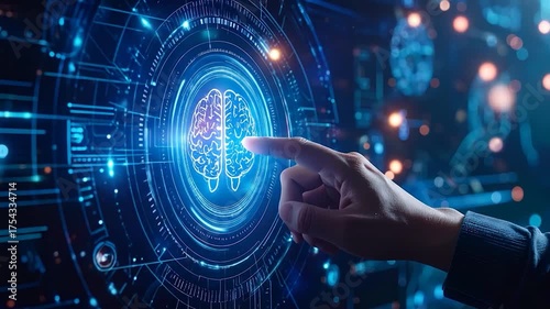 Glowing brain hologram touched by a hand, with neon-blue tech interface