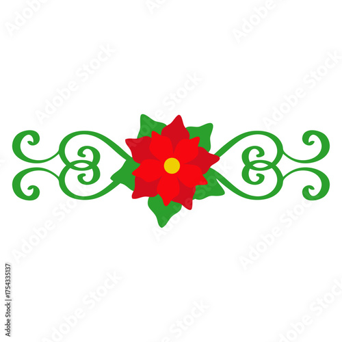 Logo con flor de poinsettia con filigrana caligráfica. Banner con florituras para tarjetas y felicitaciones de Navidad