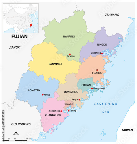 Administrative map of the Chinese province of Fujian