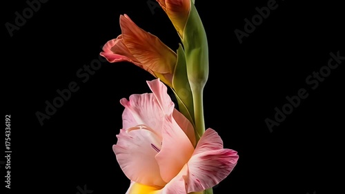 Pink Gladiolus Flower With Green Stem Isolated Black Background Realistic