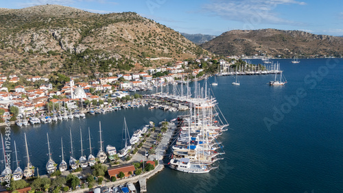 Aerial View of Bozburun Harbor and Sailboats in Marmaris, Turkey