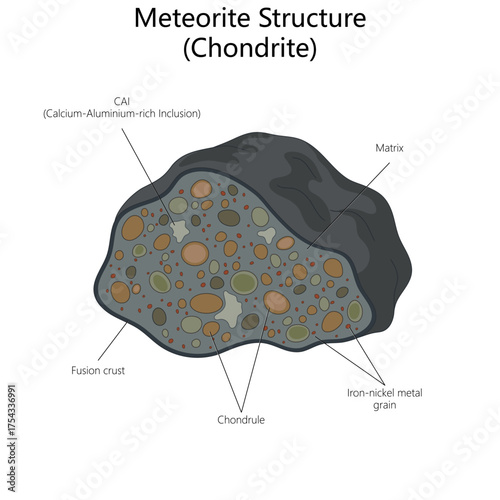 chondrite meteorite showing internal structure including chondrules, metal grains, matrix, fusion crust, and calcium-rich inclusions diagram hand drawn schematic vector. Science educational