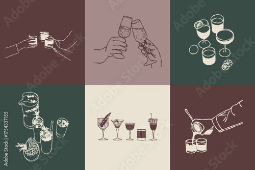 Illustration of drinks, cheers and pouring