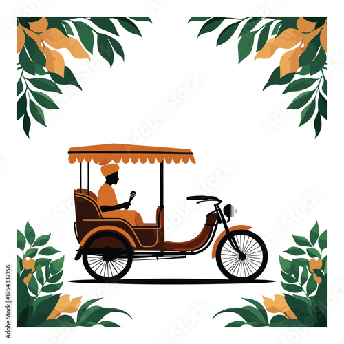 Traditional Indian Rickshaw with Driver and Green Yellow Leaves Frame Vector Illustration