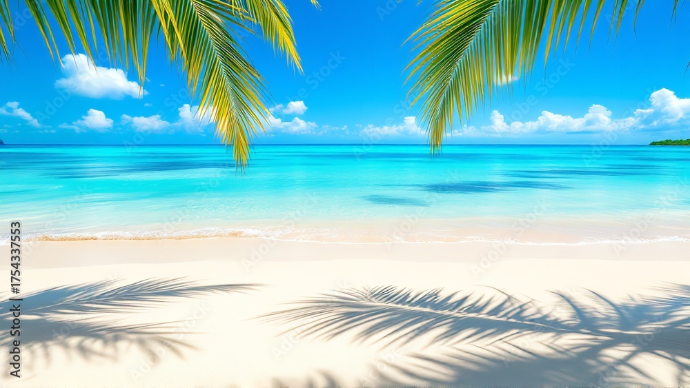 Fototapeta premium Tropical paradise beach with palm tree shadows and turquoise ocean water under a clear blue sky
