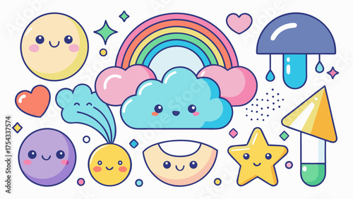Whimsical kawaii vector graphics collection with cute characters and rainbow illustration