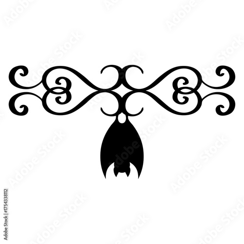 Logo con silueta de murciélago colgando de filigrana caligráfica. Silueta con florituras para tarjetas y felicitaciones de Halloween