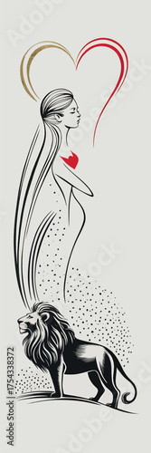 Surreal heart symbol with majestic lion and human anatomy sketch