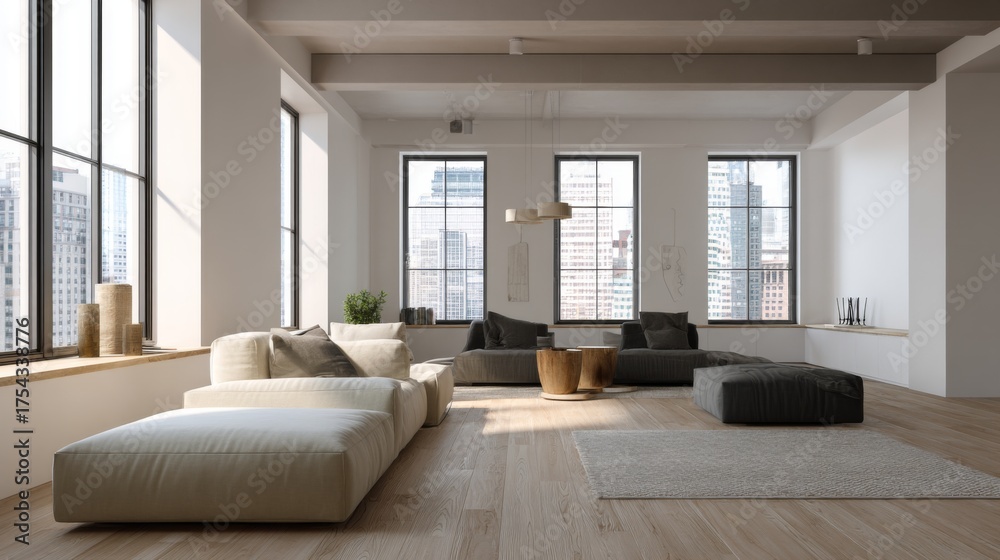 Fototapeta premium Modern living room interior with a light beige sectional sofa and city view through large windows