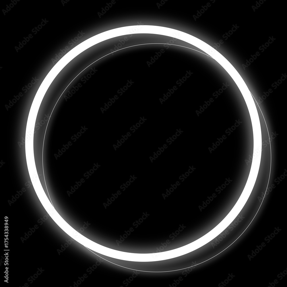 Fototapeta premium Dynamic abstract frame black background. Circle white border that emits bright neon-like glow. Behind this primary frame two thinner rotated outlines overlap creating sense modern geometry