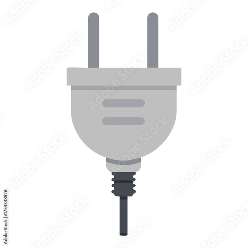 Simple illustration of a gray electrical plug with two prongs and a black cord on a white background