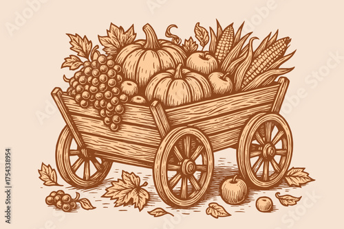 Harvest wagon with pumpkins and grapes sketch vector illustration
