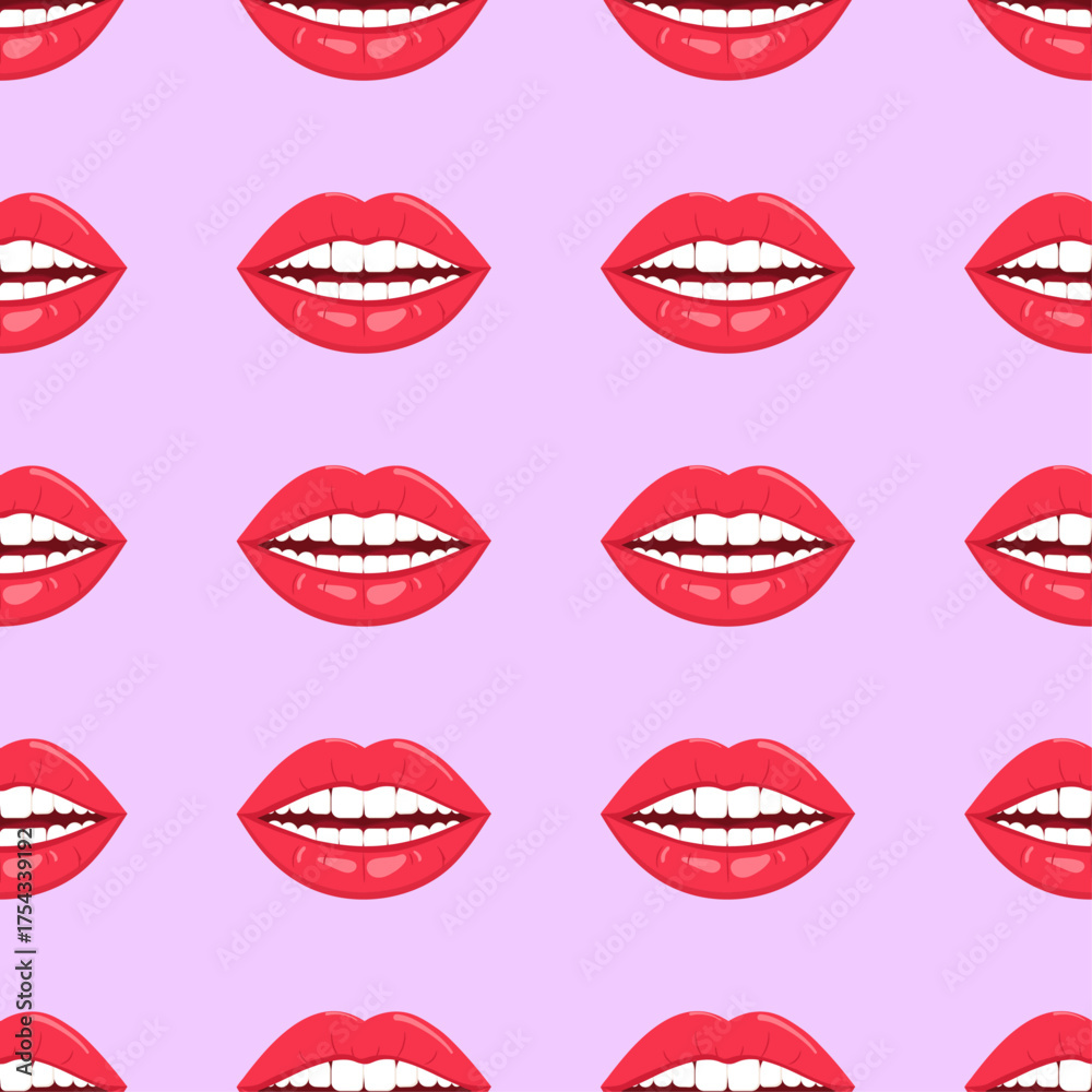 Fototapeta premium Beautiful lips with red lipstick seamless pattern, continuous fashion or beauty background