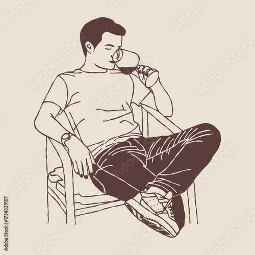 Illustration vector of man drinking wine, sipping in chair rested