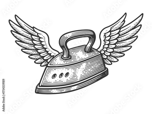 Flying iron with bird wings sketch engraving generative ai vector illustration. Scratch board imitation. Black and white image.