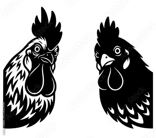 Rooster and Chicken Heads Facing Each Other Vector Set, Chicken, Farm, Poultry, Bird, Mascot